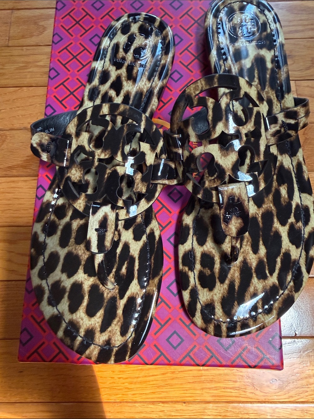Tory Burch LeopardLogo Patent Leather Sandals - Brown & Black